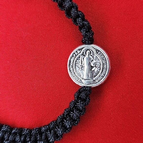 St. Benedict Blessed Cross Black Bracelet Adjustable String Silver Tone Metal - Picture 3 of 6